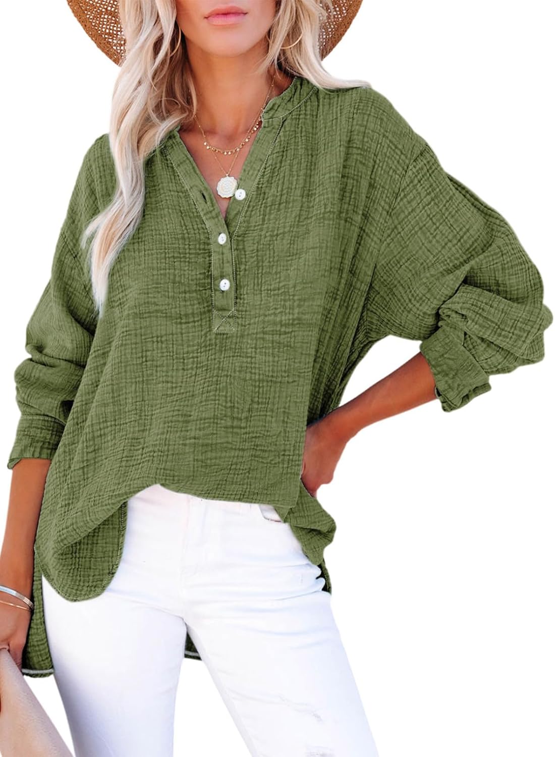 Womens Casual Gauze Button Neck Long Sleeve Oversized BlousesTops