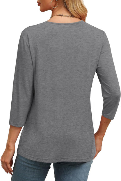 ✨Women's Trendy V Neck 3/4 Long Sleeve Tops Loose Fit Blouse