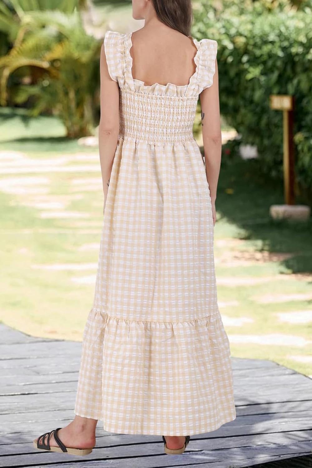 ✨Women's Retro Plaid Smocked Dress Spaghetti Strap Flounce Long Dress