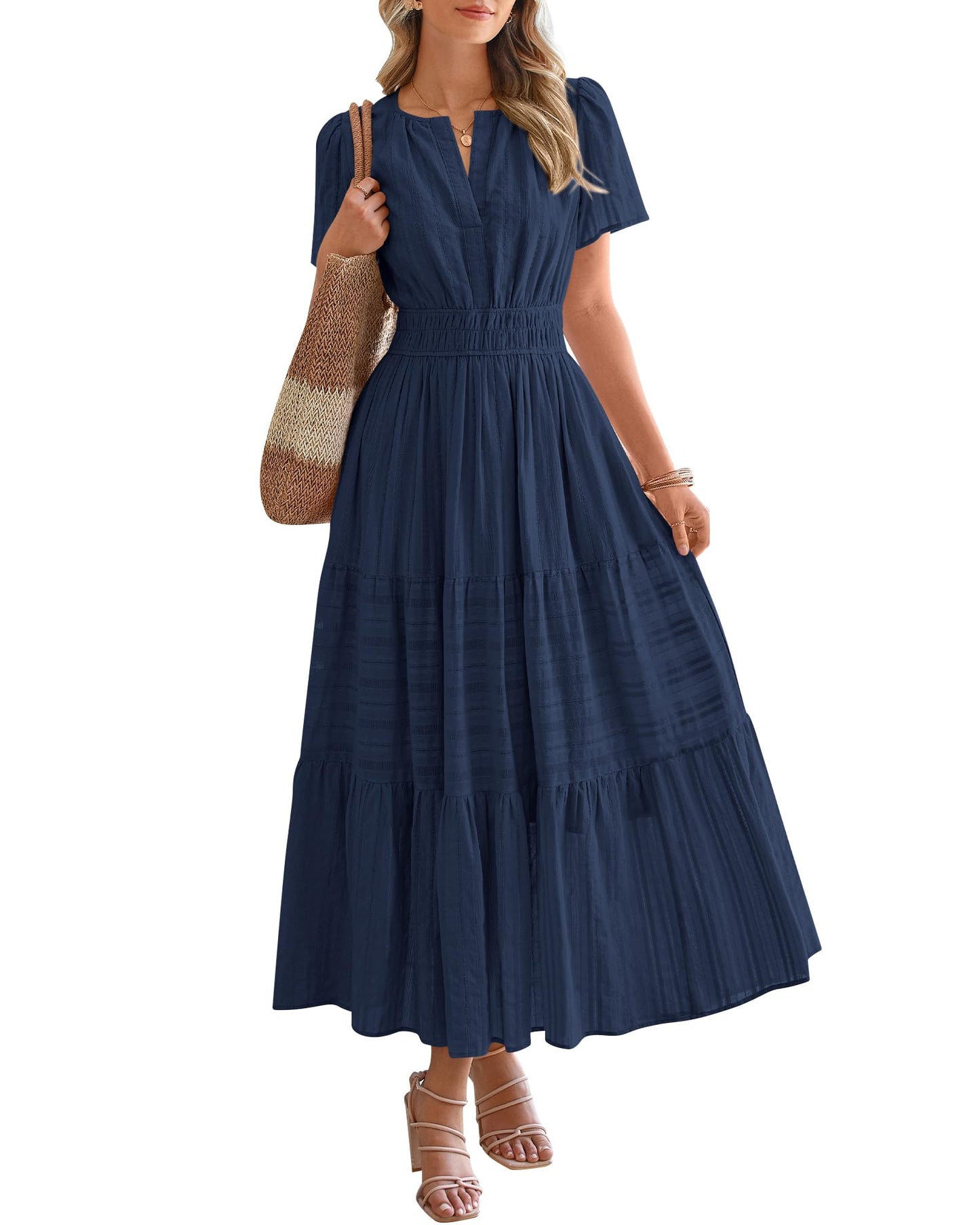 Women's Lightweight Short Sleeve V Neck Elastic Waist Dresses