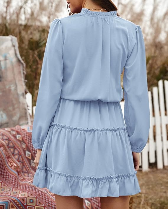 ✨Women's Tie Neck High Waist Layered Ruffle Waist Mini Dress