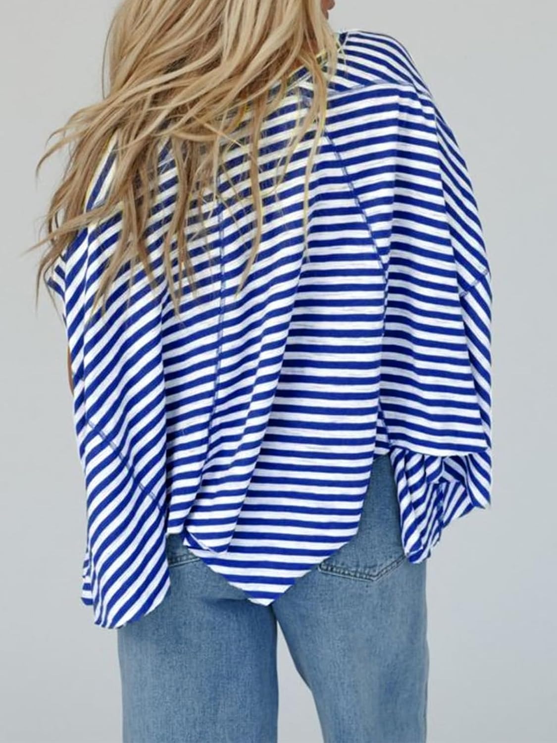 ✨Womens Oversized Striped Irregular Hem Batwing Short Sleeve Tee