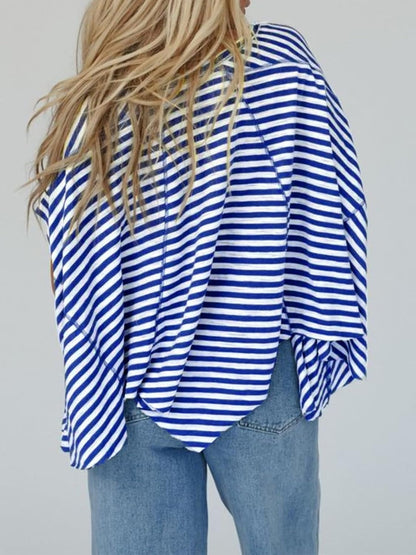 ✨Womens Oversized Striped Irregular Hem Batwing Short Sleeve Tee