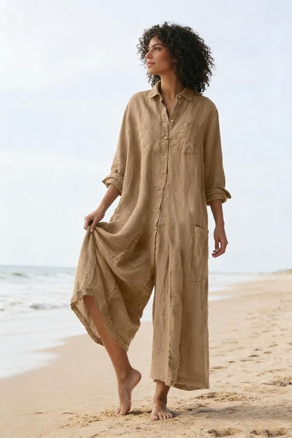 Women's Linen Button Down Long Sleeve Wide Leg Jumpsuit