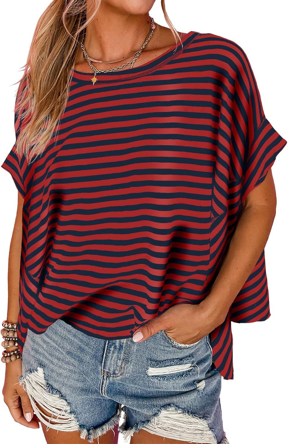 ✨Womens Oversized Striped Irregular Hem Batwing Short Sleeve Tee