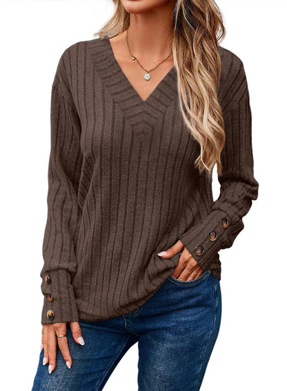 ✨Womens Soft Long Sleeve V Neck Shirts Solid Casual Decorative Buttons Knitted  Tops