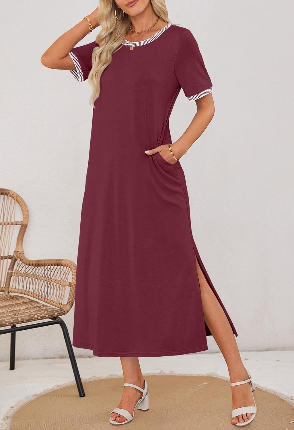 ✨Women's Summer Short-sleeved Round Neck Slit Casual Dress