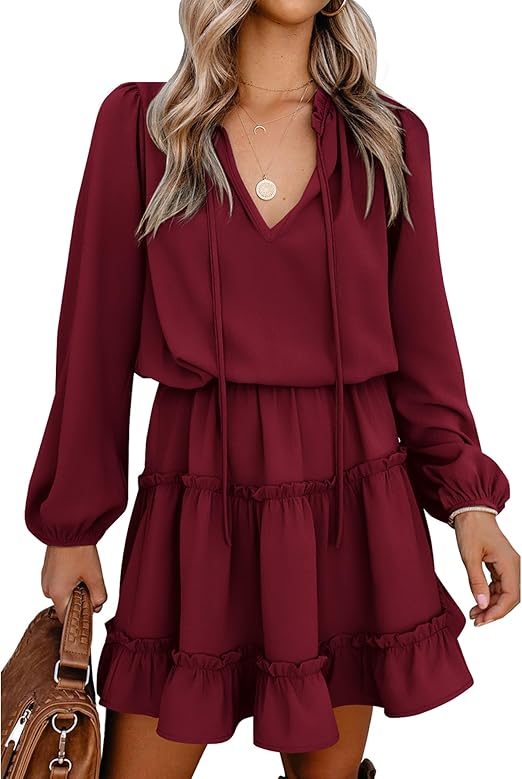 ✨Women's Tie Neck High Waist Layered Ruffle Waist Mini Dress