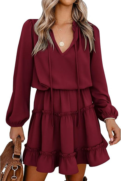 ✨Women's Tie Neck High Waist Layered Ruffle Waist Mini Dress