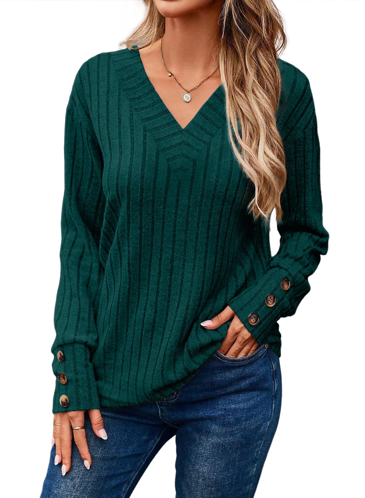 ✨Womens Soft Long Sleeve V Neck Shirts Solid Casual Decorative Buttons Knitted  Tops