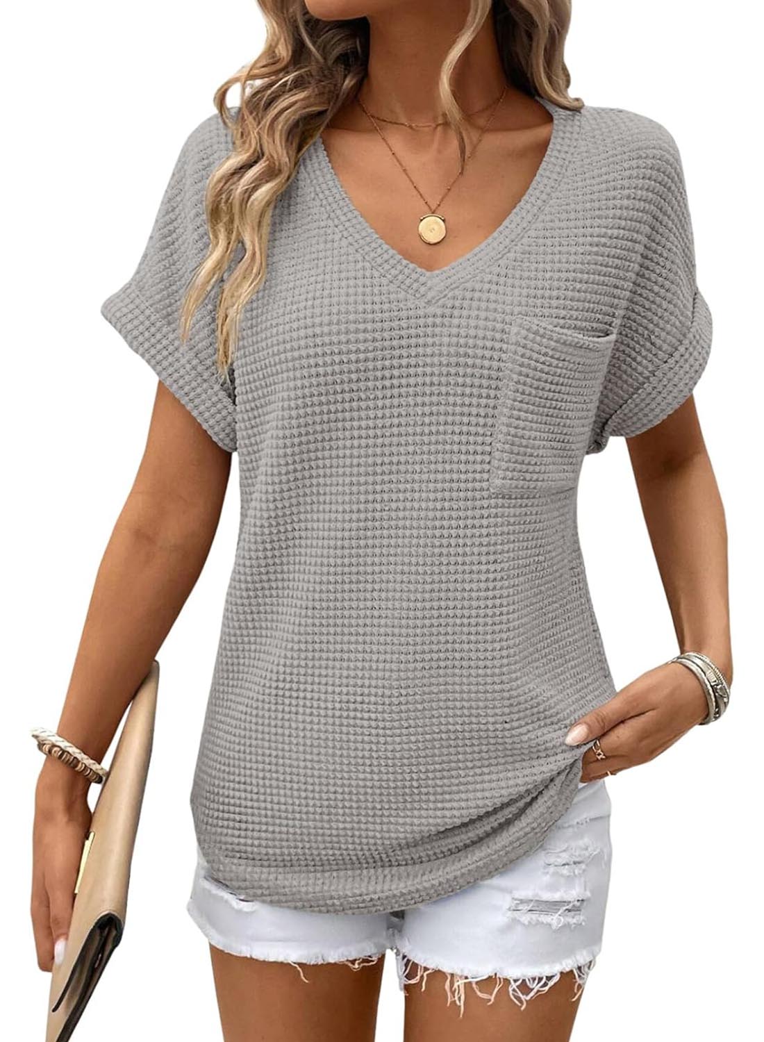 ✨Women's Oversized Waffle V Neck Short Sleeve Casual Top