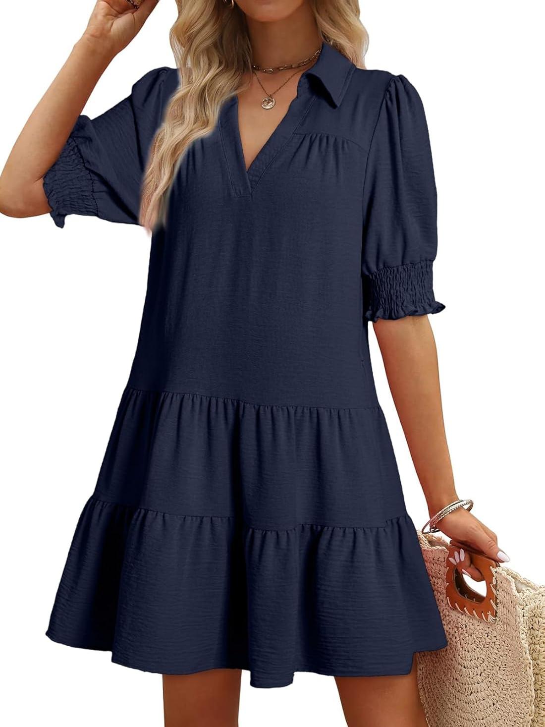 📣Smocked Sleeve Tiered V-Neck Mini Dress
