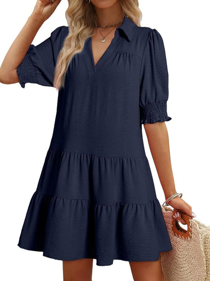 📣Smocked Sleeve Tiered V-Neck Mini Dress