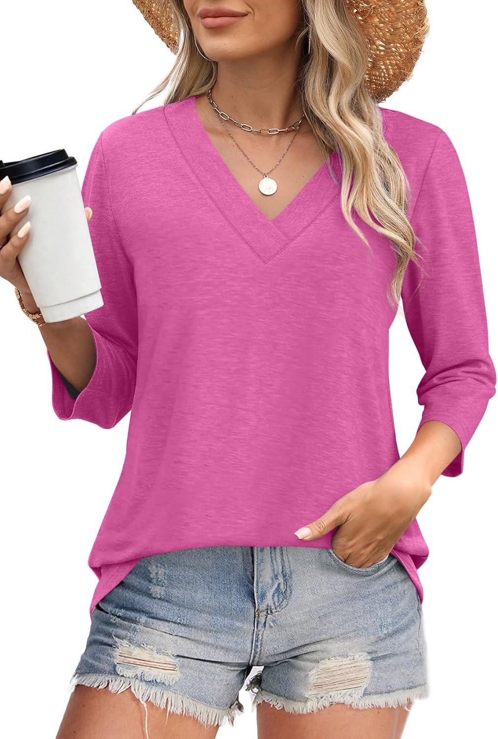 ✨Flash Sale Women's Trendy V Neck 3/4 Long Sleeve Tops Loose Fit Blouse