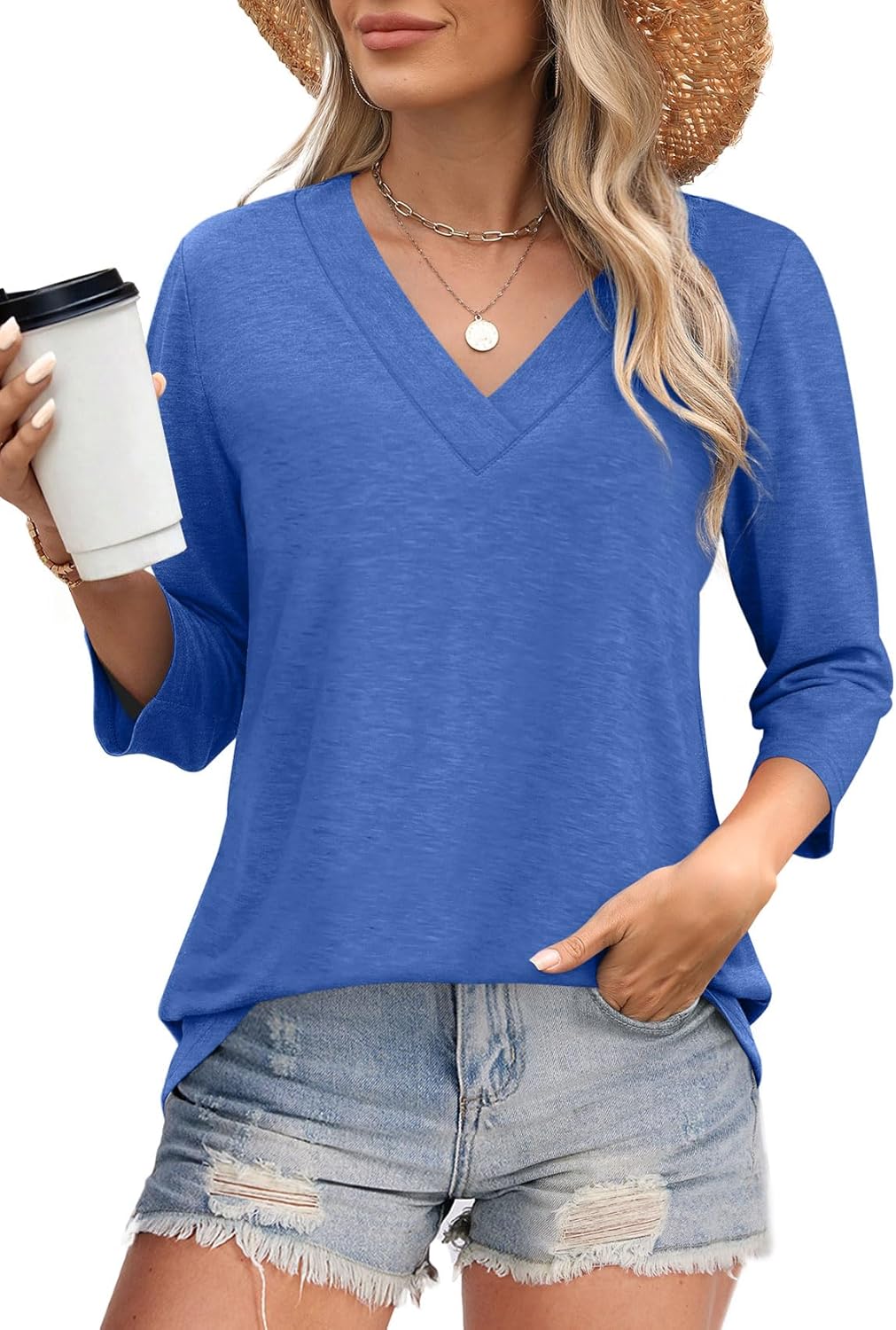 ✨Women's Trendy V Neck 3/4 Long Sleeve Tops Loose Fit Blouse