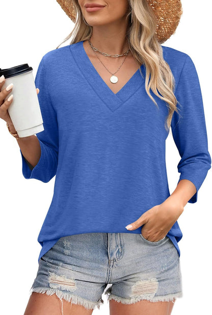 ✨Women's Trendy V Neck 3/4 Long Sleeve Tops Loose Fit Blouse