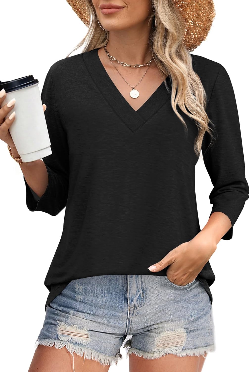✨Women's Trendy V Neck 3/4 Long Sleeve Tops Loose Fit Blouse