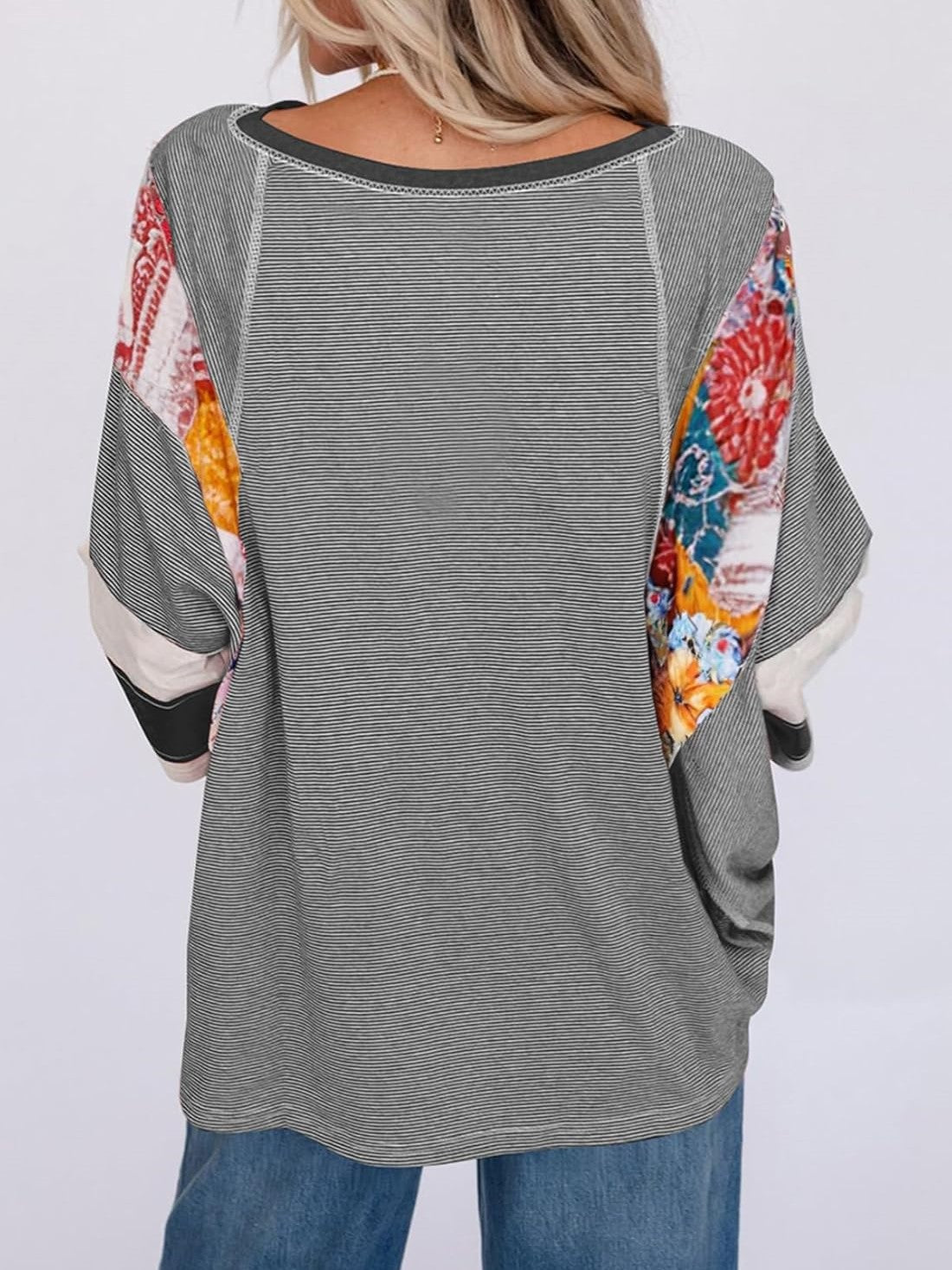 ✨Women's Casual Striped Floral Print Patchwork Oversized 3/4 Sleeve Top