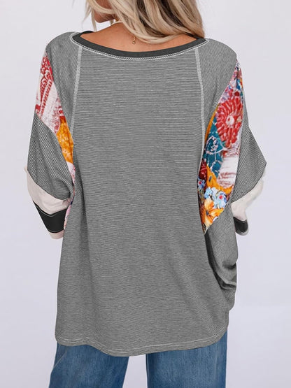 ✨Women's Casual Striped Floral Print Patchwork Oversized 3/4 Sleeve Top