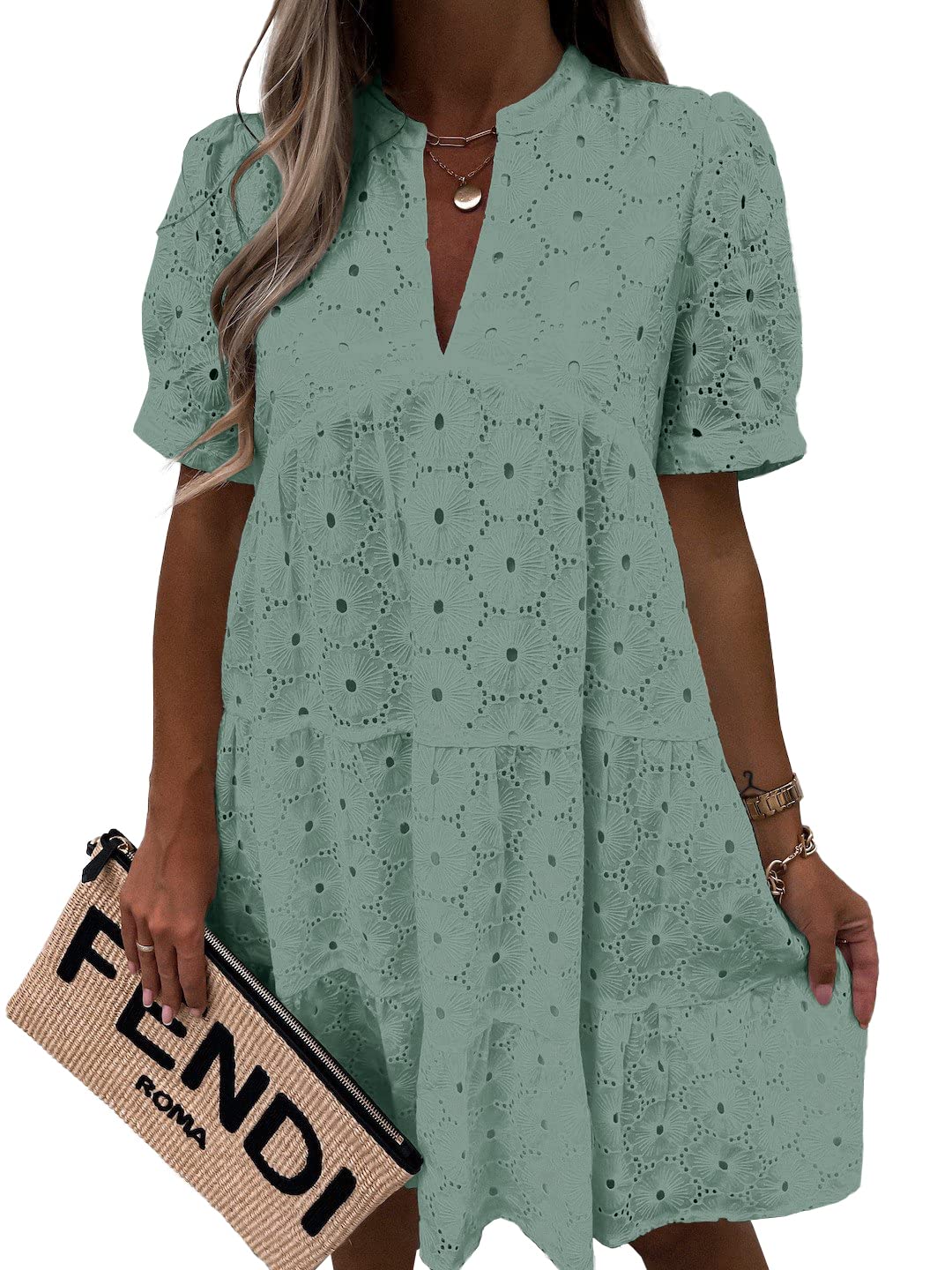 Women’s Lace Dresses Eyelet Casual Flowy Babydoll Swing
