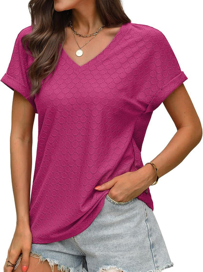 ✨Women's V Neck Eyelet Dressy Casual Basic Short Sleeve Tees