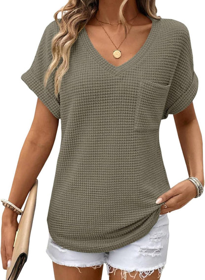 ✨Women's Oversized Waffle V Neck Short Sleeve Casual Top