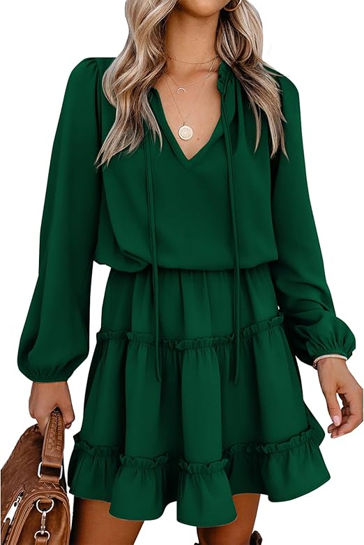 ✨Women's Tie Neck High Waist Layered Ruffle Waist Mini Dress