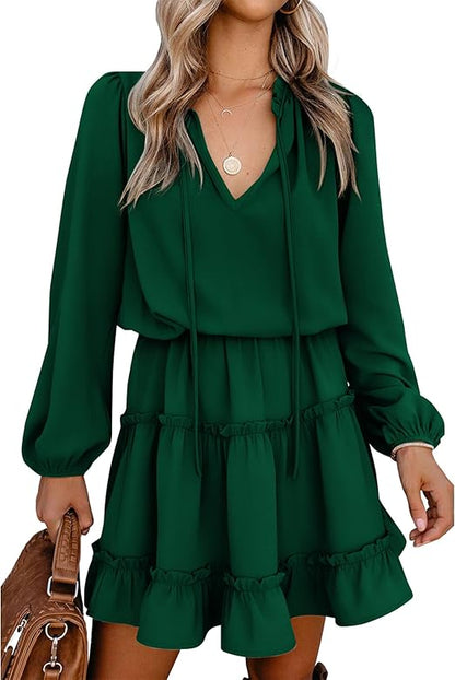 ✨Women's Tie Neck High Waist Layered Ruffle Waist Mini Dress