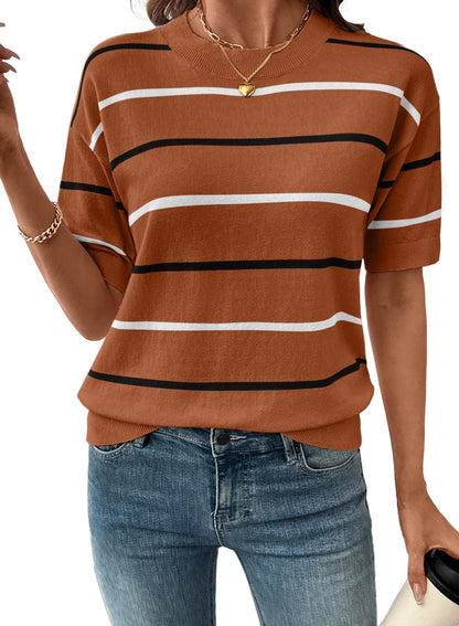⏰Hot Sale-Womens Tops Crewneck Short Sleeve Sweater Pullover Knit Striped Shirt Spring Outfits