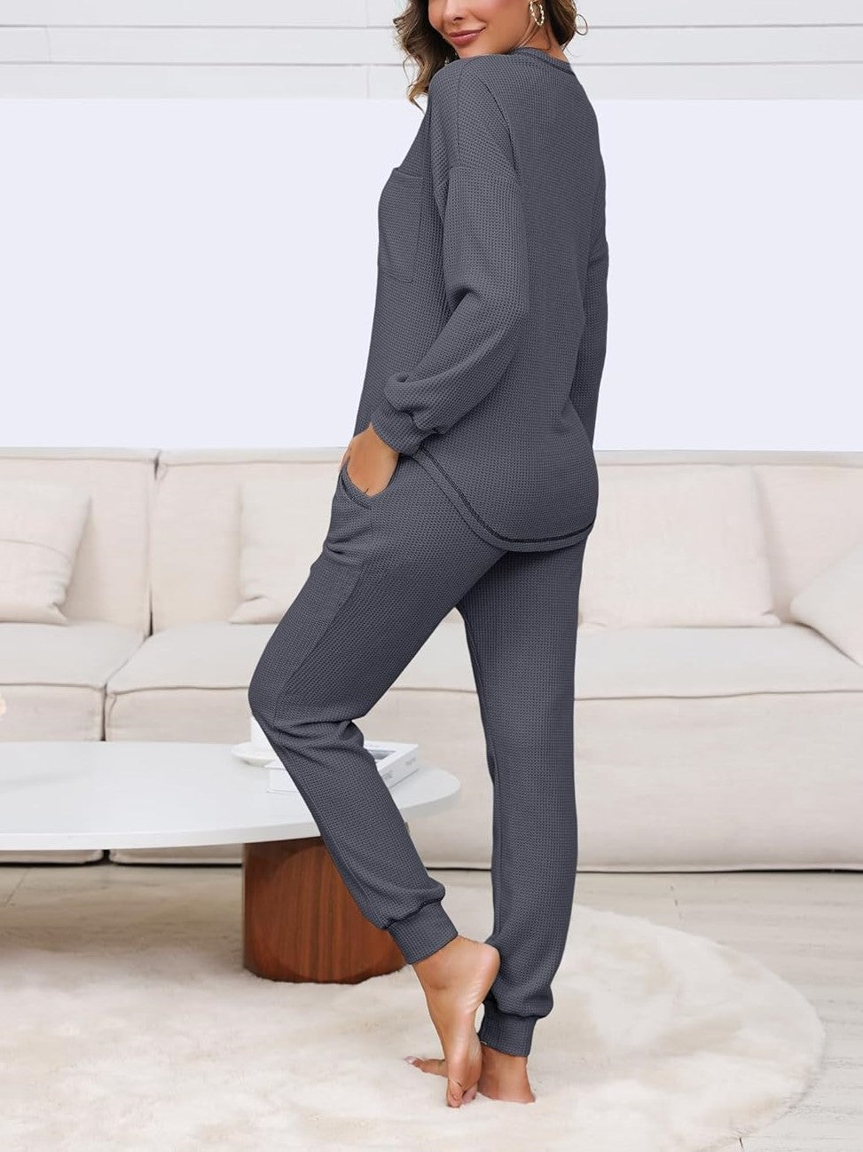 ✨V Neck Waffle Knit Sleepwear Top and Pant Lounge Sets