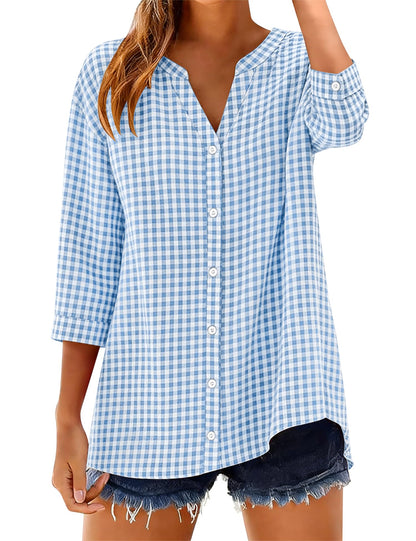 Women's Cotton 3/4 Sleeve Button Down Gingham Shirts