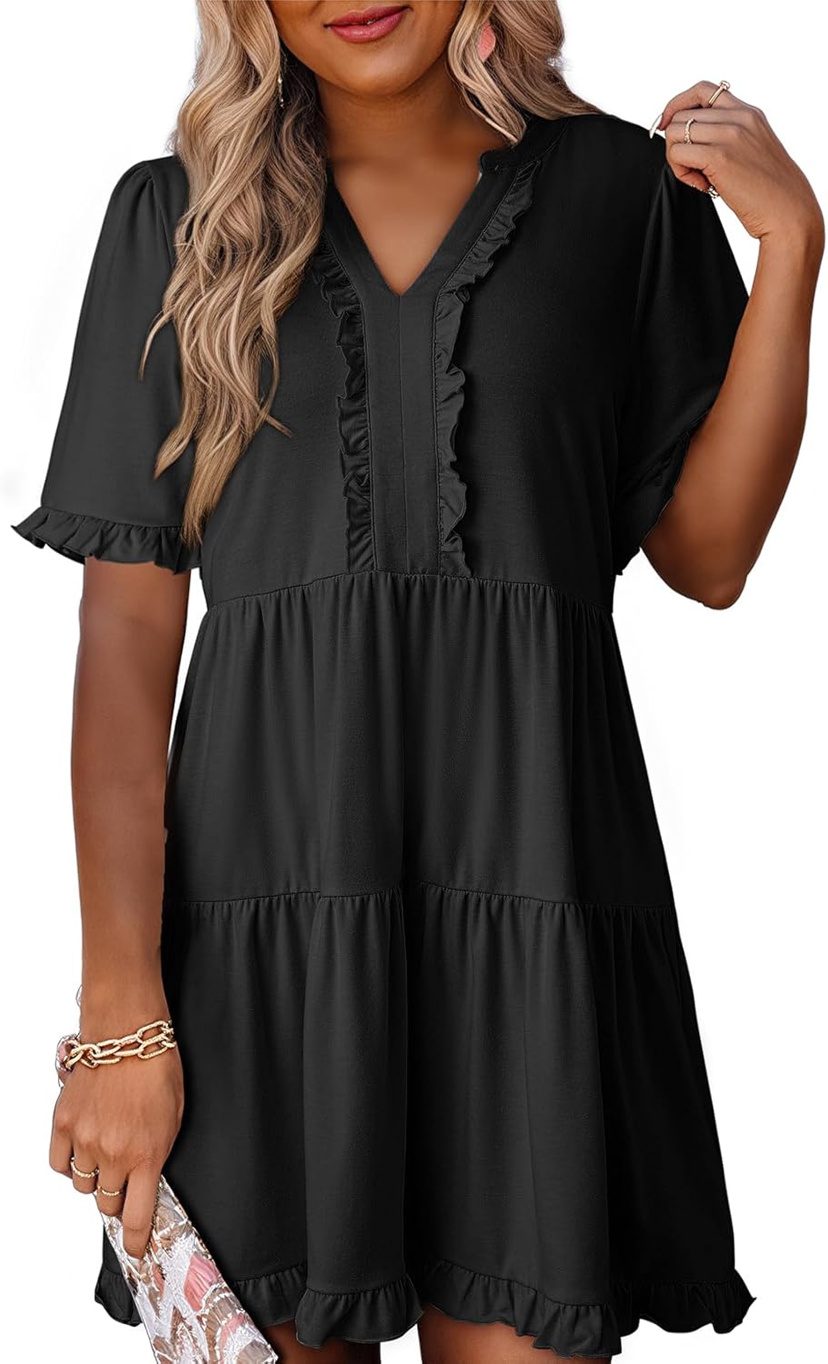 ✨Womens Dresses  V Neck Short Sleeve Casual A Line Flowy Swing Shift Dress