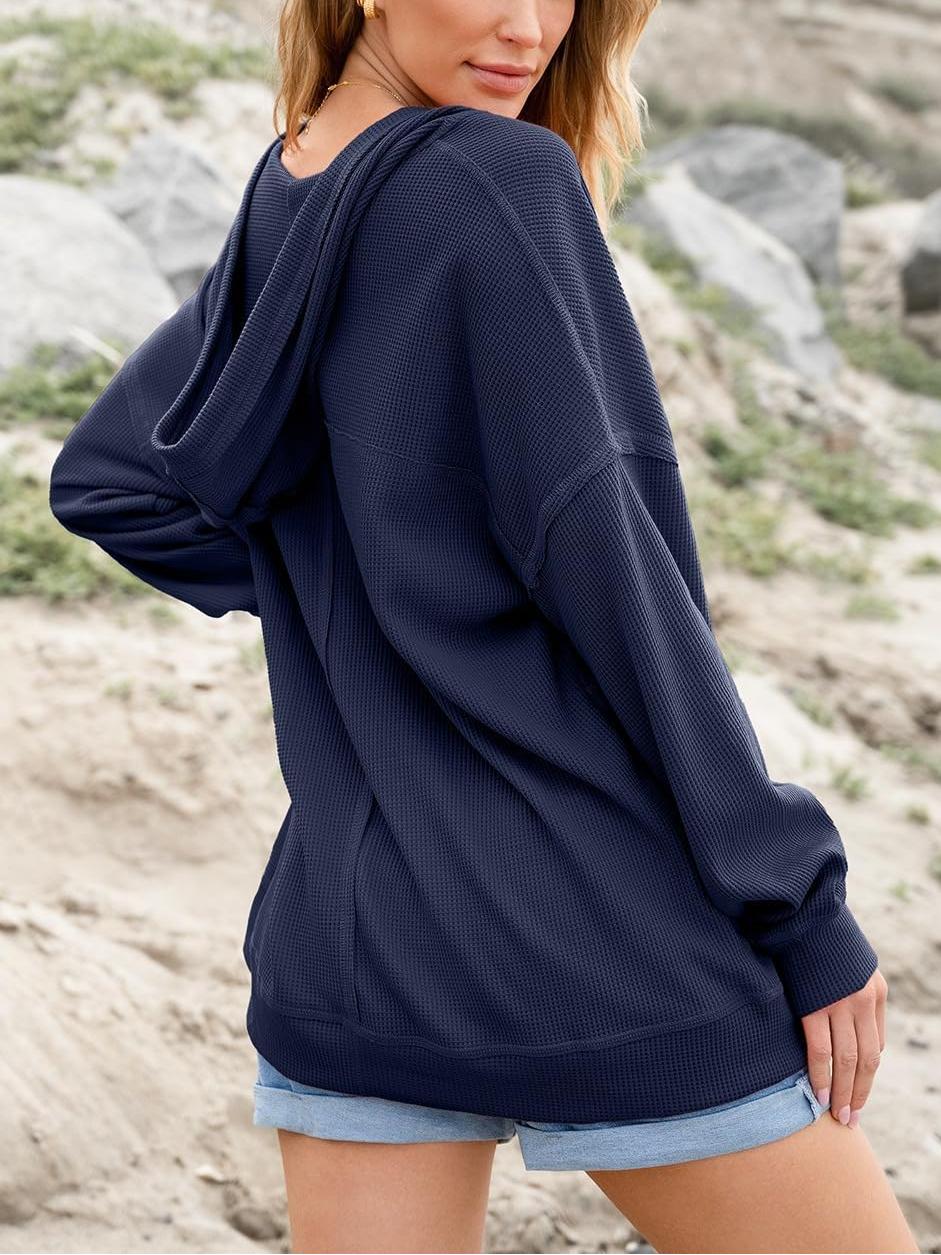 Women Casual V Neck Drawstring Waffle Knit Hoodies Oversized Sweatshirts