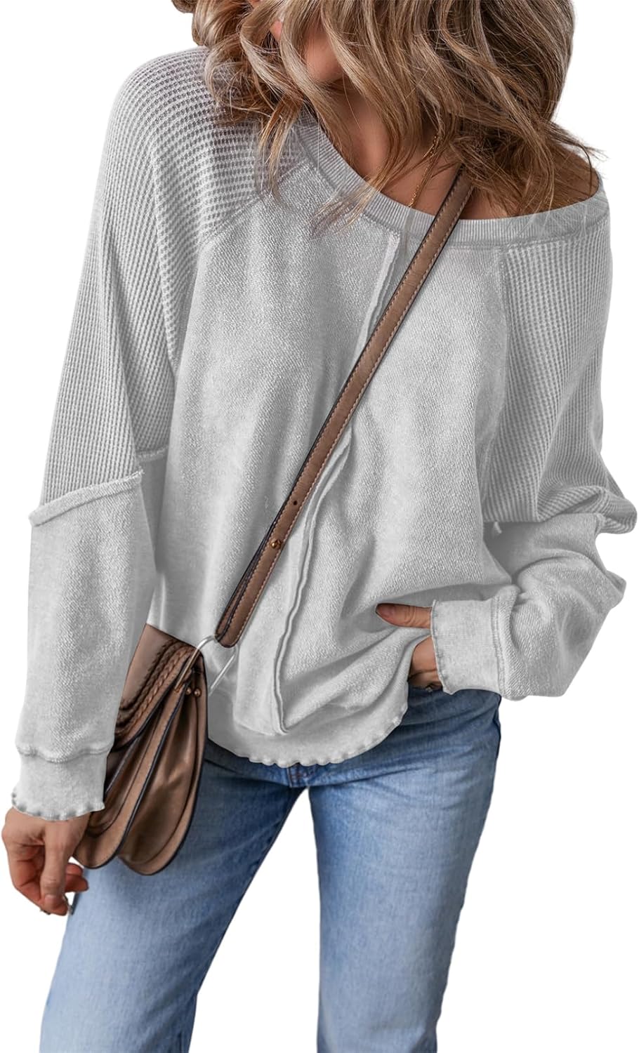 ✨Womens Crewneck Long Sleeve Waffle Knit Sweatshirt