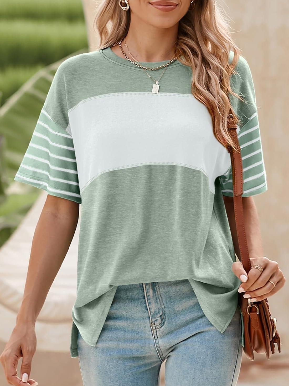 ✨Womens Oversized Crewneck Casual Color Block Striped Shirts Blouses