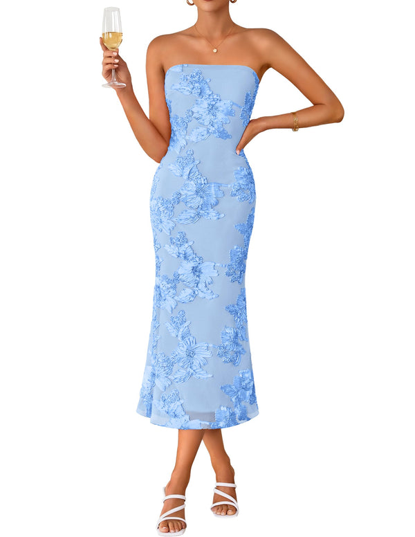 Women's Summer Strapless Floral Midi Dress 2026 Bodycon Mesh Tube Wedding Guest Cocktail Party Long Dresses
