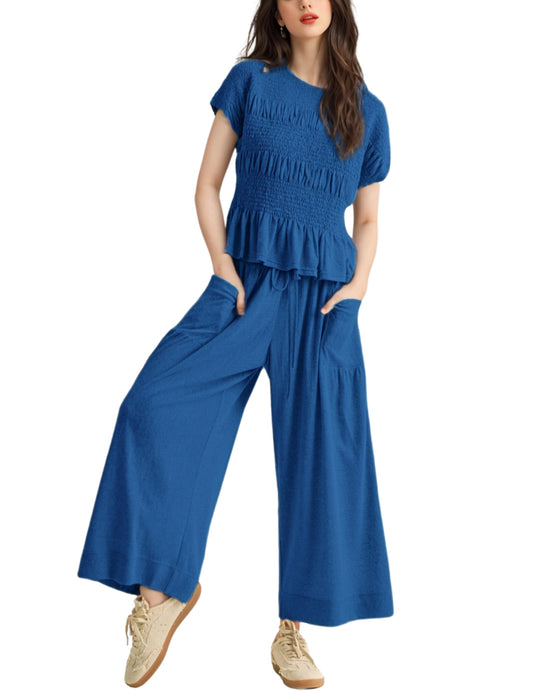 ✨Women's Pleated Top Wide Leg Pants Set with Pockets