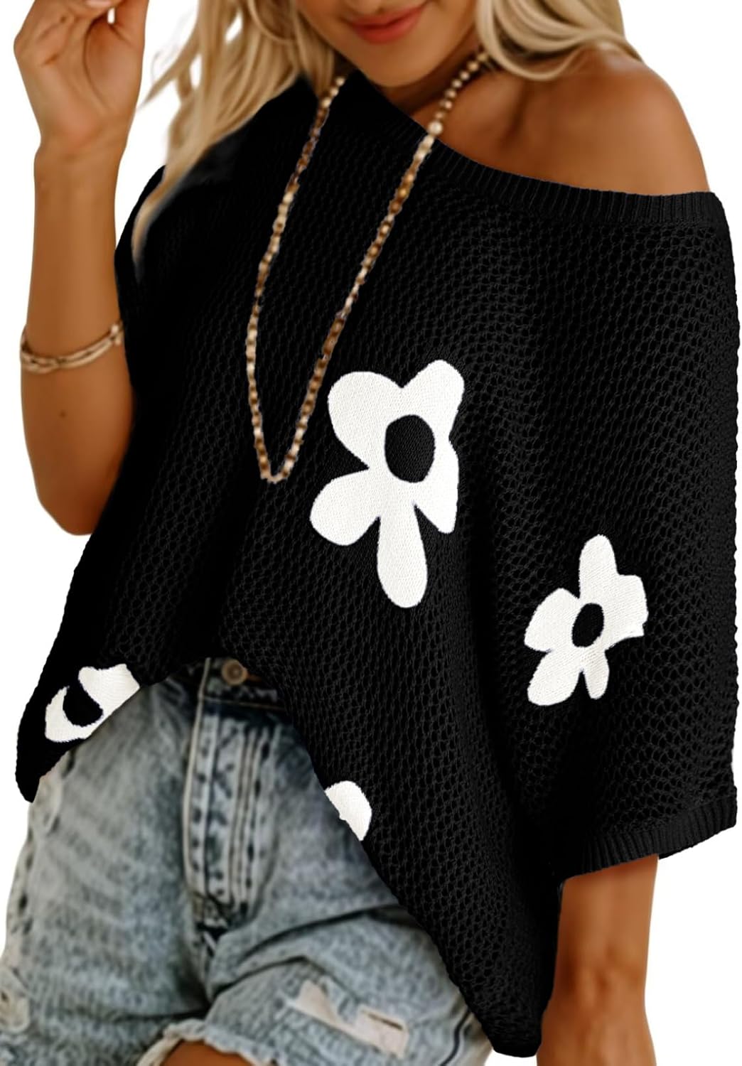 ⏰Hot Sale-Womens Floral Cute Tops Short Sleeve Crochet Cover Ups Lightweight Pullover
