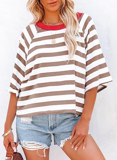 ✨Women's Cute Round Neck Striped Short Sleeve Casual Topb