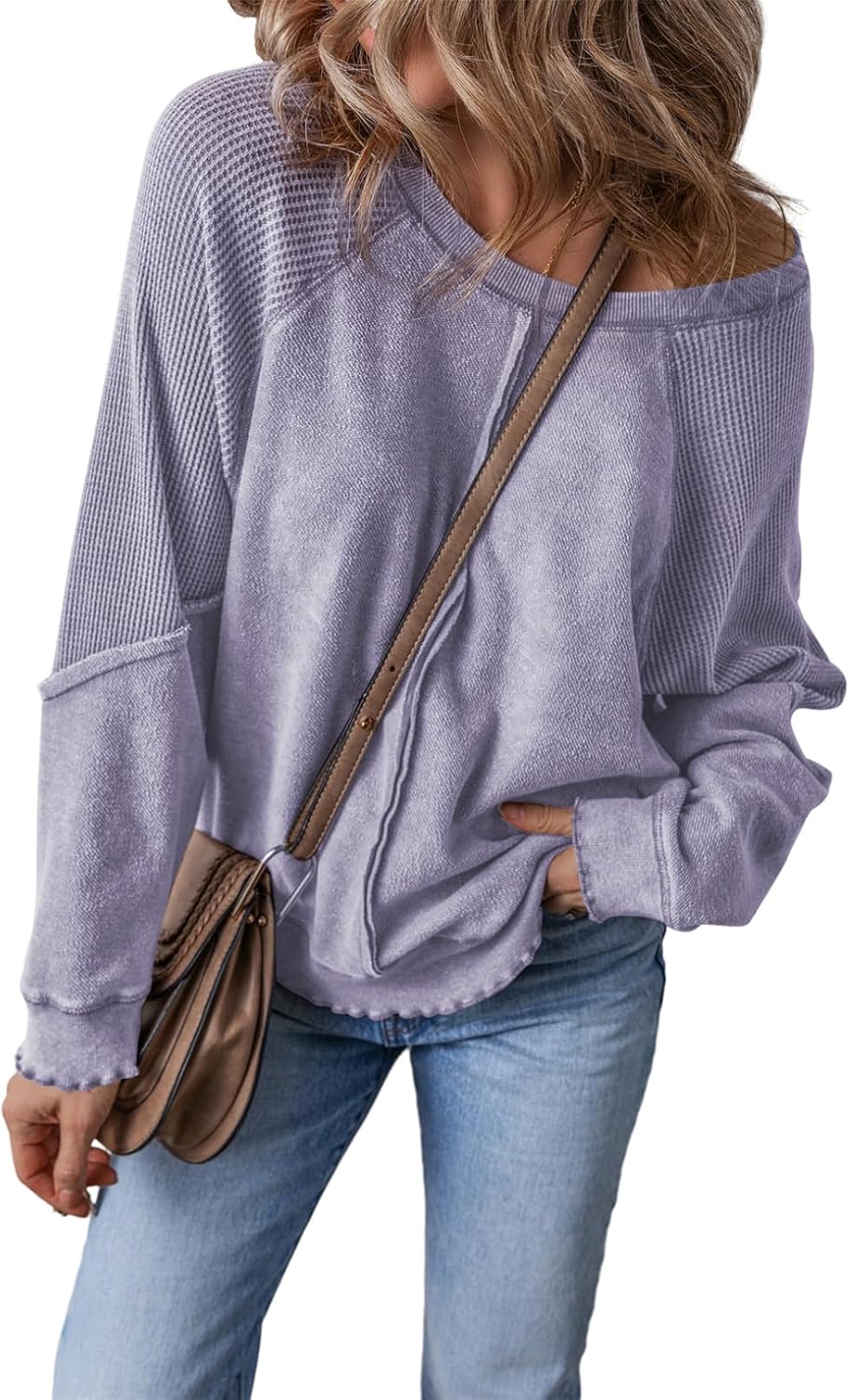 ✨Womens Crewneck Long Sleeve Waffle Knit Sweatshirt