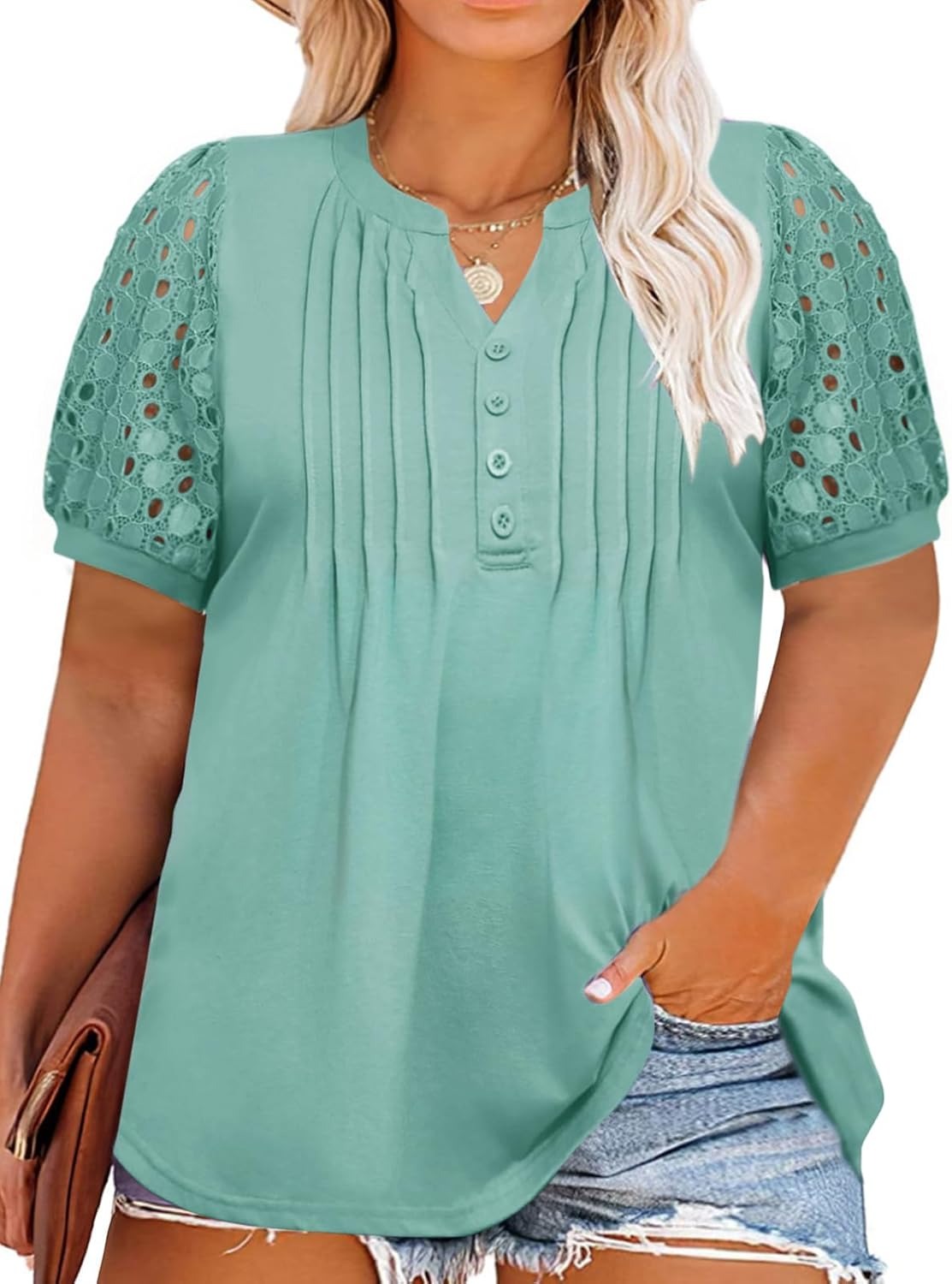 ✨Women's Plus Size Lace Sleeve Tees Casual Pleated Flowy Tunic Tops