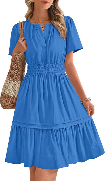 ✨Women's Casual V Neck  Sundress Smocked Waist A Line Tiered Mini Dress