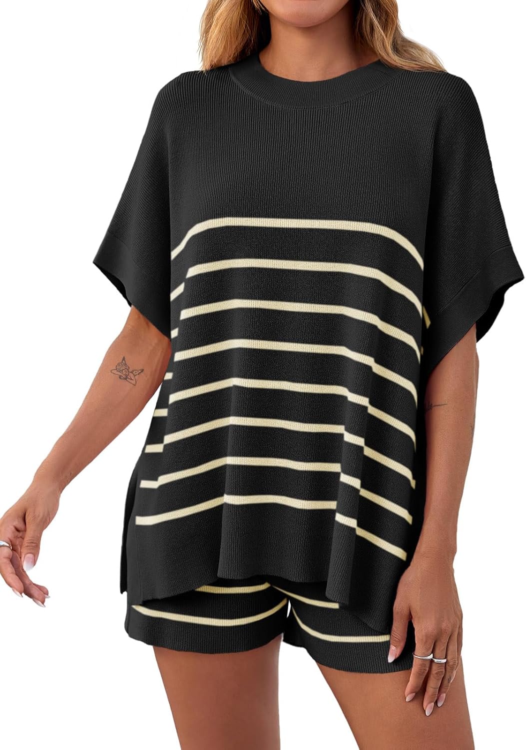 ⏰Hot Sale-Women's Striped 2-Piece Oversized Batwing Sleeve Short Sleeve Top and Shorts Set