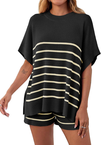 ⏰Hot Sale-Women's Striped 2-Piece Oversized Batwing Sleeve Short Sleeve Top and Shorts Set