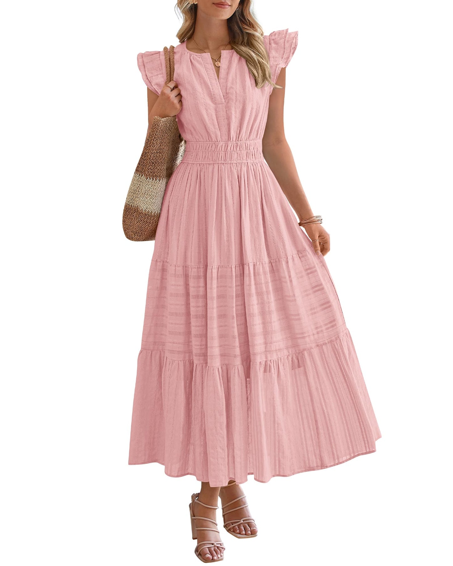 Dresses for Women Spring 2026 Maxi Casual Dress Flutter Short Sleeve V Neck