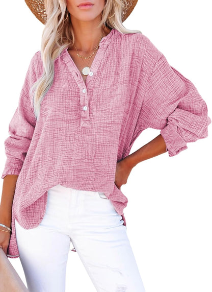 Womens Casual Gauze Button Neck Long Sleeve Oversized BlousesTops