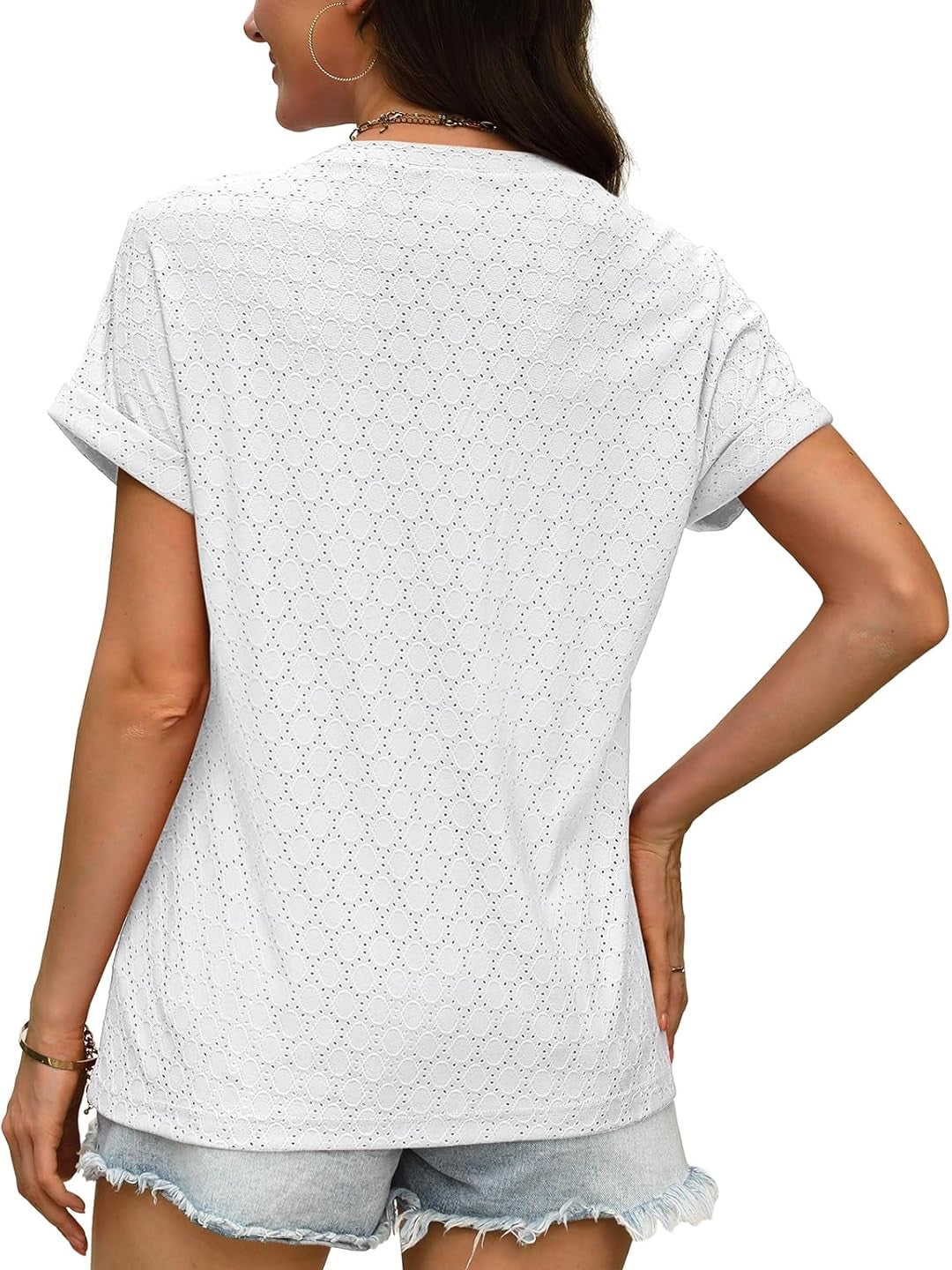 ✨Women's V Neck Eyelet Dressy Casual Basic Short Sleeve Tees