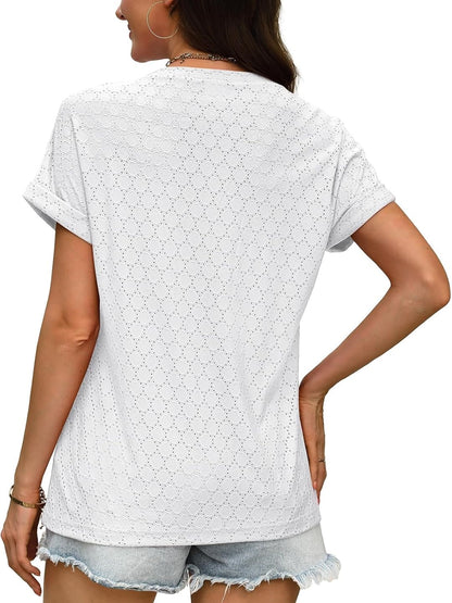 ✨Women's V Neck Eyelet Dressy Casual Basic Short Sleeve Tees