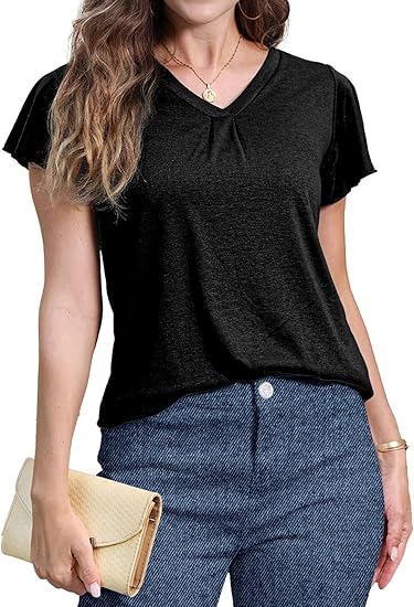 ✨Women's V Neck Ruffle Sleeve Tunic Short Sleeve Blouse Flutter Sleeve Tops