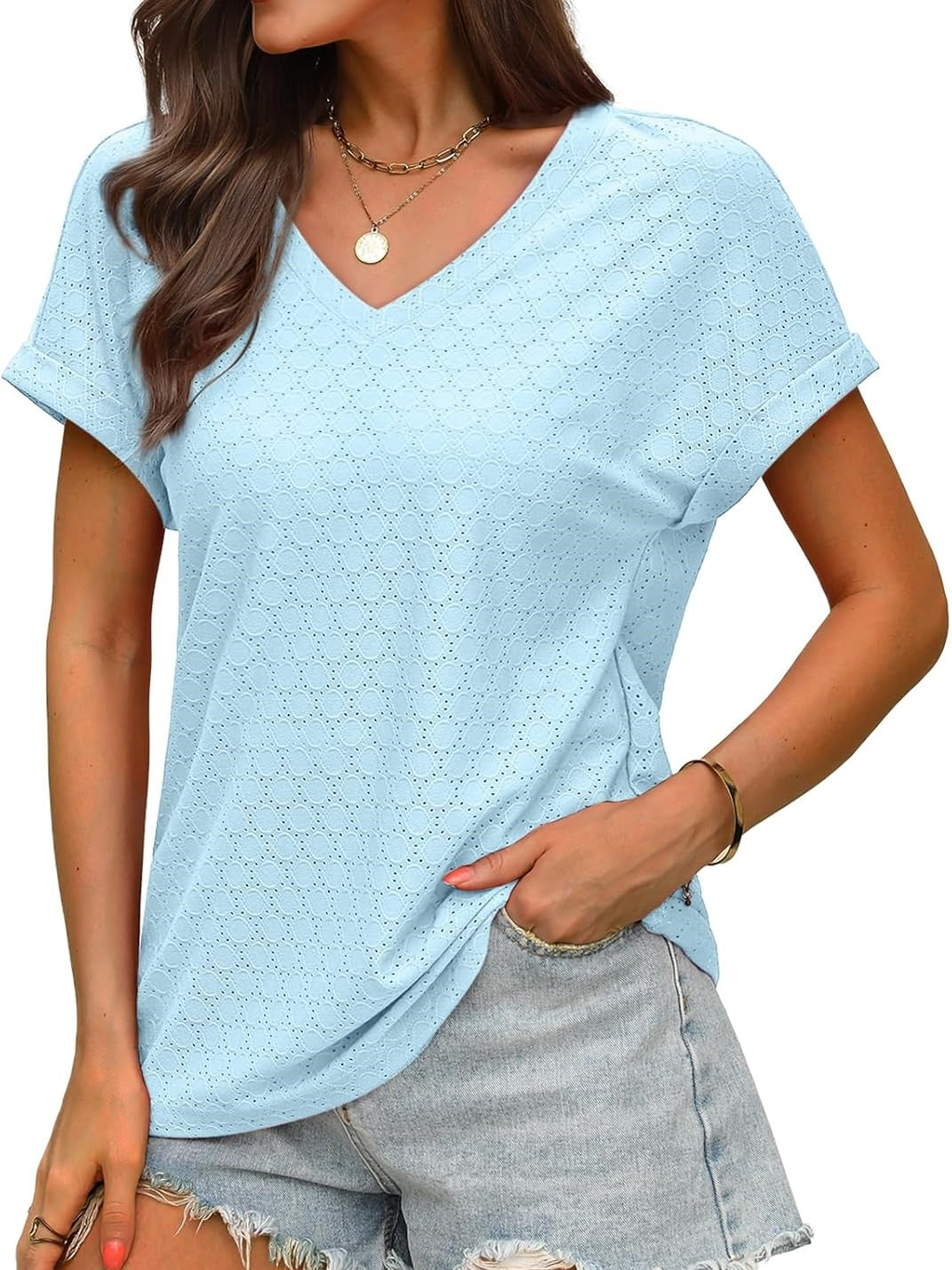 ✨Women's V Neck Eyelet Dressy Casual Basic Short Sleeve Tees
